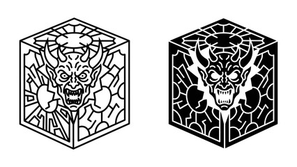 Devil's Cube Icon: A striking geometric icon featuring a demonic face with horns and an intense stare, presented in both line art and silhouette versions within a cube. © abidakhatun