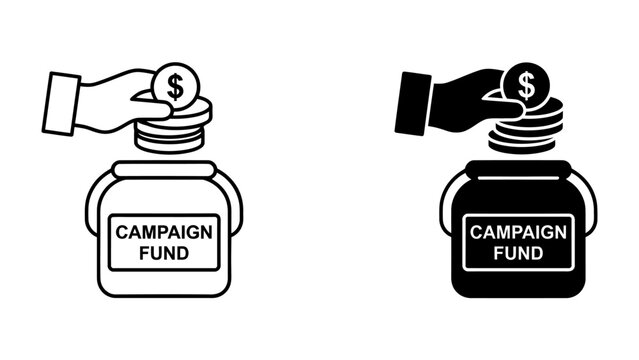 Campaign Fund Collection: A visual representation of collecting funds for a campaign, with a hand depositing coins into a jar labeled Campaign Fund, symbolizing contribution and support.