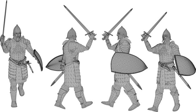 Collection of isolated 3D low poly knight soldier models wearing historical crusader armor sets while carrying a broad sword and heater shield