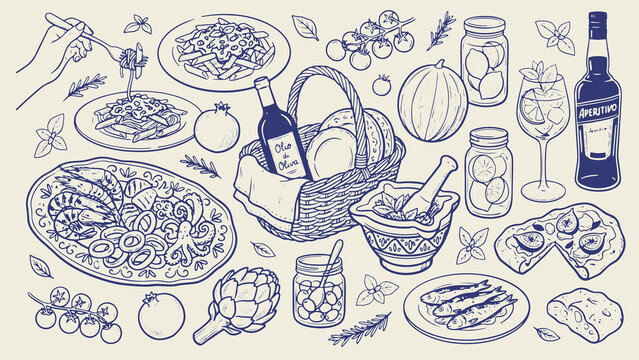 Mediterranean food illustration with pasta pizza seafood bread olives and drinks arranged in rustic artistic composition