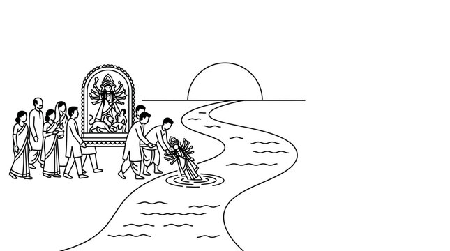 Group of people performing the ritual immersion of a Durga idol in a river.
