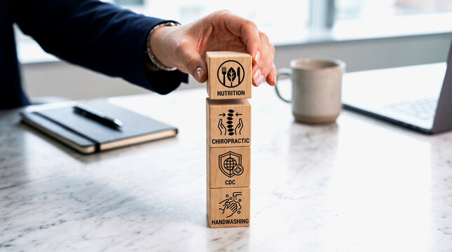A persons hand stacking wooden blocks on a marble desk with health symbols