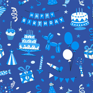 Birthday Celebration Seamless Pattern with Cake and Balloons Festive Blue Design