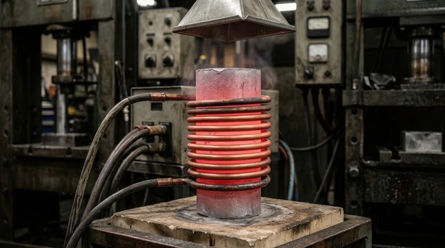 Cylindrical aluminum billet being heated inside an electrical induction furnace coil before extrusion processing in a workshop.