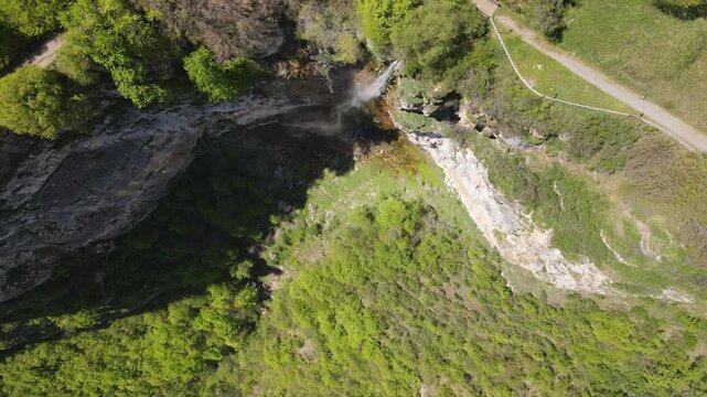 Aerial view of Skaklya Waterfall at Balkan Mountains near village of Zasele, Bulgaria
