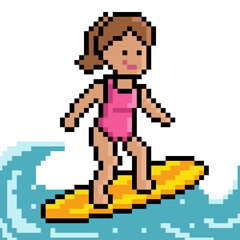 Obraz premium Pixel art illustration of a girl surfing on a wave