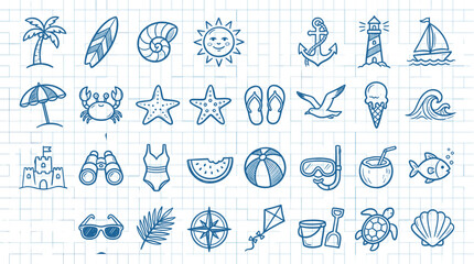 Fototapeta premium Hand drawn summer icons set, blue ink doodle beach elements on grid paper, 28 nautical vacation vector illustrations for travel planning