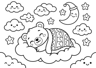 Cute sleeping bear cub resting on a cloud surrounded by happy stars and a smiling moon in a black and white line drawing © MSTSHILPI