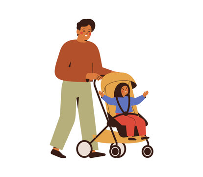 Happy father with daughter in stroller. Smiling man walks with child, push carriage and talk to her.  Flat isolated vector illustrations on white background