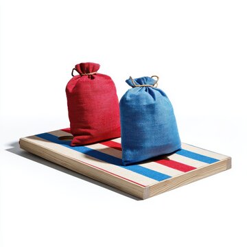 Cornhole game set with red and blue bean bags on striped board studio shot for backyard summer fun