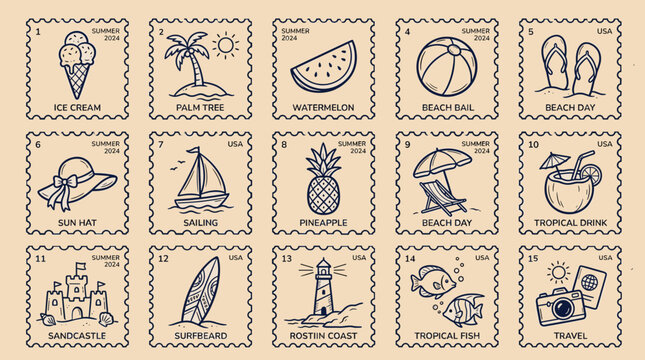 Vintage summer postage stamps collection, 15 line art travel icons on beige background, retro tropical vacation stamp set, nautical holiday vector illustrations