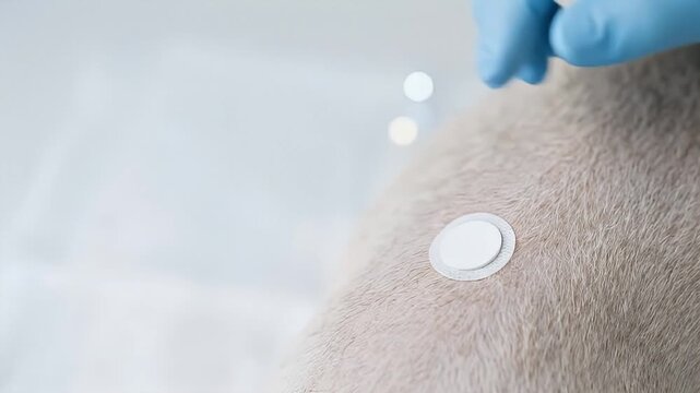 Medical patch adhesive application on animal skin with blue glove close up veterinary care pet health treatment protection sterile medicine healthcare fur surface monitoring device