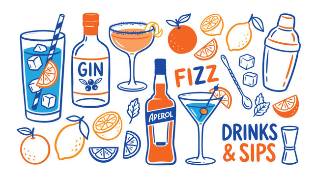 Retro cocktail vector set with gin and aperol bottles, hand drawn summer drinks and sips icons, blue and orange bar menu illustrations