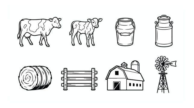 Vintage farm icon set with cow and calf, rustic dairy milk cans and barn vector, traditional countryside windmill and hay bale illustrations