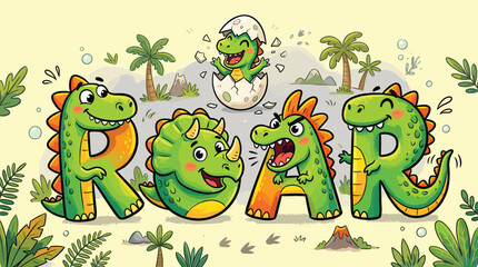 Cute dinosaur alphabet illustration spelling ROAR, cartoon prehistoric characters with baby dino hatching from egg, green triceratops and t-rex vector © Iconify Studio