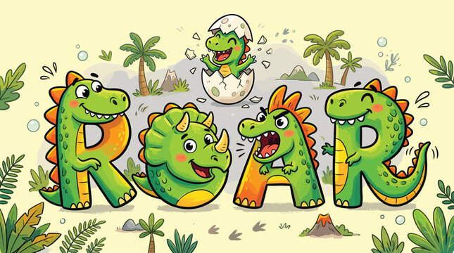 Cute dinosaur alphabet illustration spelling ROAR, cartoon prehistoric characters with baby dino hatching from egg, green triceratops and t-rex vector