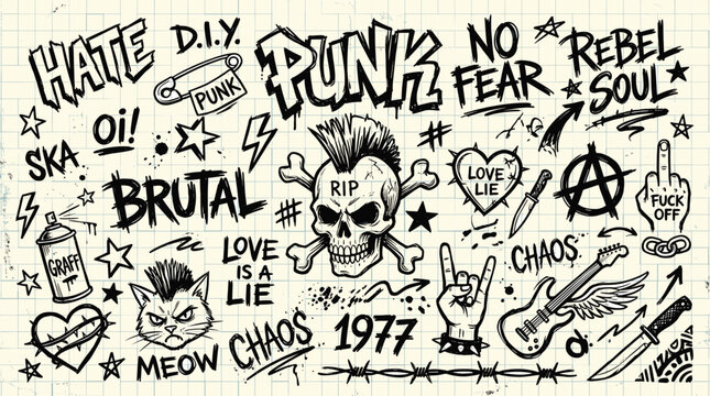 Punk rock doodle set with skull and anarchy symbols, hand drawn underground subculture illustrations, black ink graffiti elements on grid paper