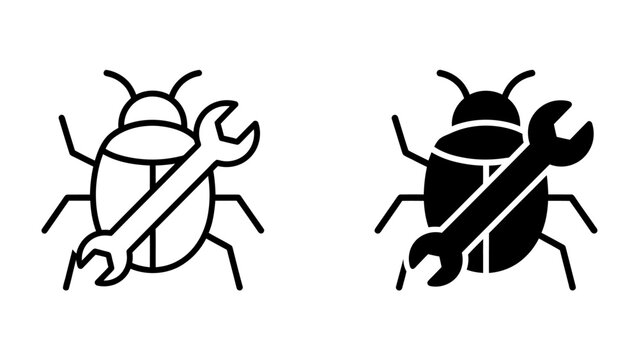 Bug Fixing Tools: A stylized graphic showing a beetle icon combined with a wrench, symbolizing software debugging, error correction, and technical support.