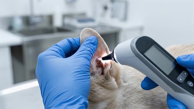 Ear examination veterinary pet care animal health dog ear check medical device blue gloves clinical setting close up animal treatment healthcare diagnostic tool veterinarian wearing blue gloves