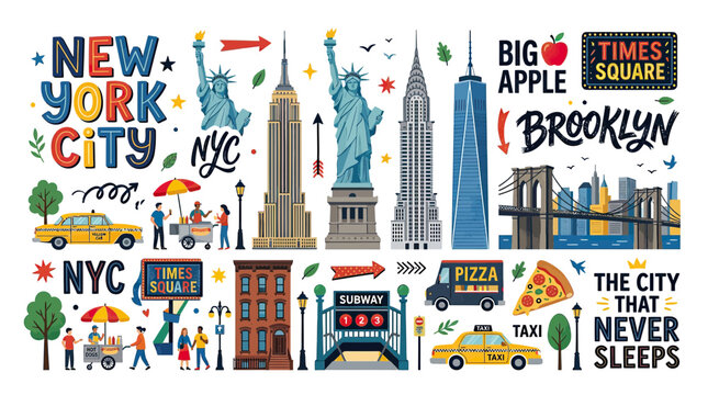 New York City Collage: Landmarks, Icons, and City Life Illustrations
