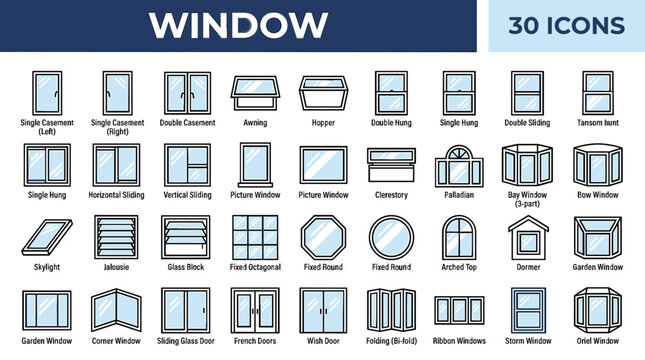 Modern window icon set, 30 architectural window line icons for house construction, residential glass window frames and door symbols vector