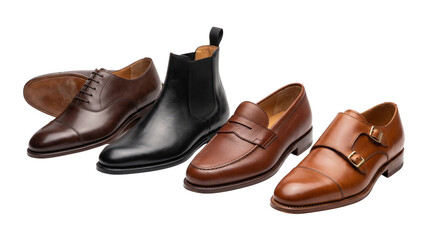 Fototapeta premium Classic men's leather footwear collection, elegant brown oxford and black chelsea boot, stylish tan loafers and monk strap shoes on white background