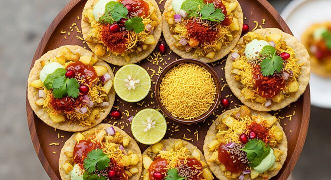 Sev puri topped with vibrant pomegranate seeds and fresh cilantro sits on a rustic wooden platter.