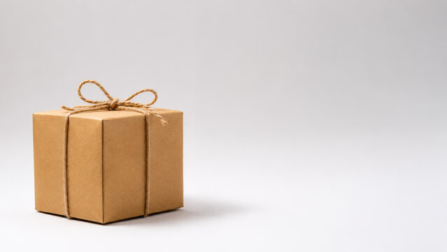 Kraft paper gift box tied with twine on neutral background