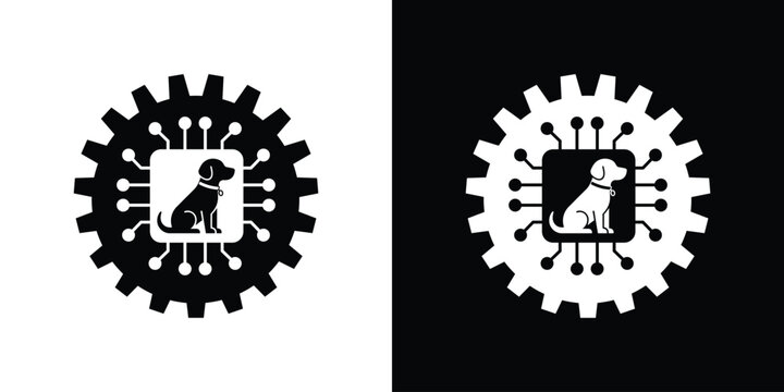 Dog microchip logo icon vector set. Silhouette of a puppy inside a computer microchip processor and gear wheel graphic. Black and white background.