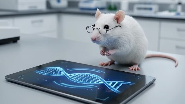 White laboratory mouse wearing glasses near digital tablet displaying glowing DNA strand surrounded by genetic research data analysis genome sequencing icons in scientific setting