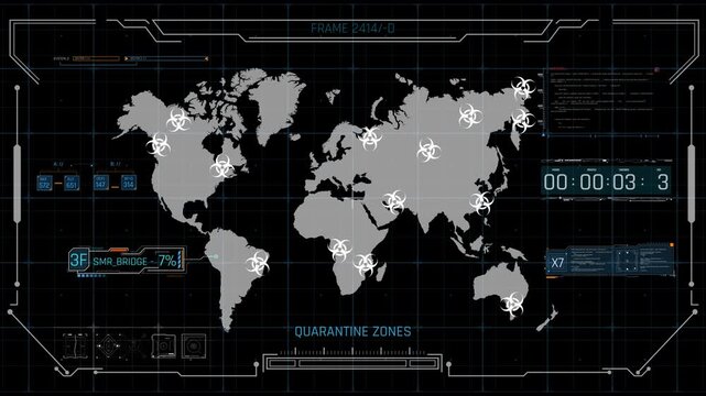 Global Pandemic Outbreak HUD Interface with World Map and Biohazard Quarantine Zones