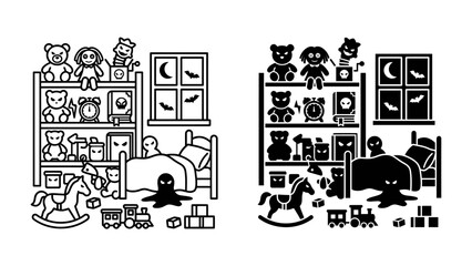 Obraz premium Spooky Childhood Room: A playful yet eerie depiction of a child's bedroom, filled with stuffed animals, toys, and unsettling shadow creatures lurking around a bed and shelf.
