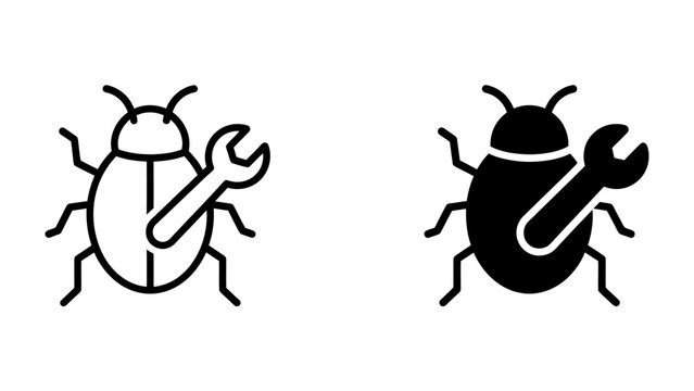 Bug Fixing Iconography: A stylized representation of a bug with a wrench, symbolizing debugging, troubleshooting, and technical support in software development.