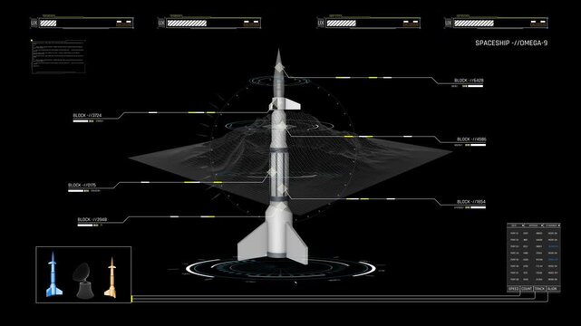 Sci-Fi Rocket Spaceship HUD Interface with 3D Wireframe Terrain and Satellite Telemetry