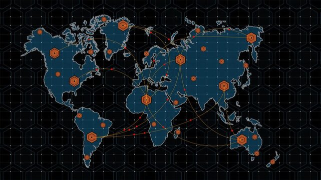 Digital World Map Global Network with Orange Hexagon Markers on Hex Grid Background
