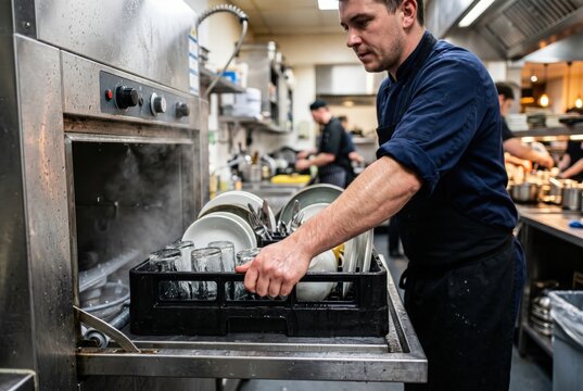 Kitchen worker pulling clean dishes from steaming commercial dishwasher in busy restaurant kitchen setting