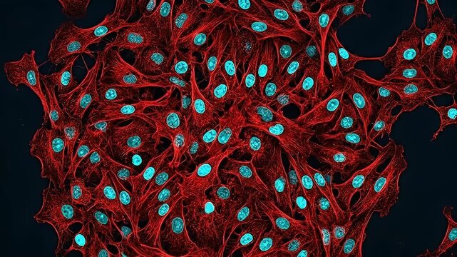 Fluorescent stained cells with blue nuclei and red cytoskeleton fibers under microscopy revealing detailed cell structure and network in biology medical research tissue science