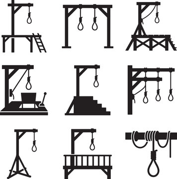 Medieval gallows and hangman noose icons set, wooden scaffold with rope loop silhouettes, 9 execution platform vector elements for historical design