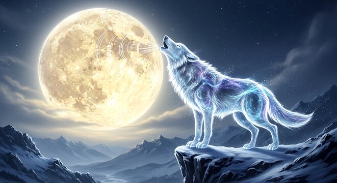 Ethereal glowing wolf howling at a large full moon on a mountain cliff at night.
