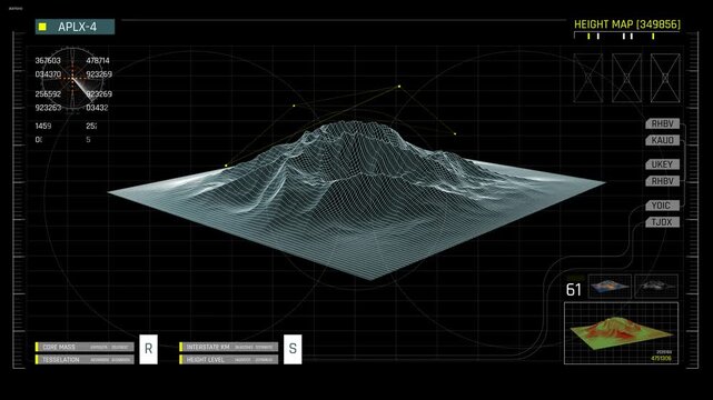 Tactical HUD Interface with 3D Wireframe Terrain Height Map and Satellite Dish Scanning