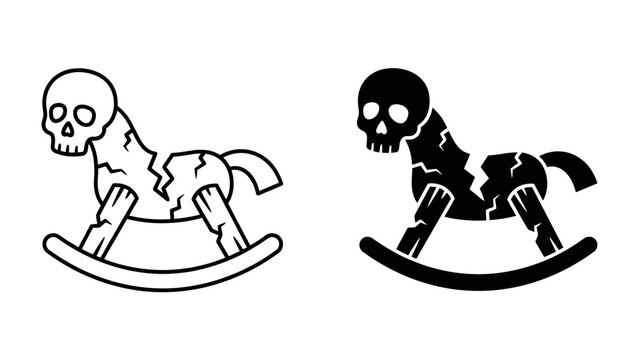 Eerie Rocking Horse Icon: A skeletal rocking horse, depicted in both outline and silhouette, presents a dark and unsettling visual, symbolizing lost innocence or a chilling nursery rhyme.