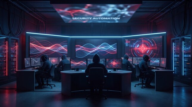 Cybersecurity automation control room, a dark, futuristic data center with multiple screens displaying abstract red and blue wave patterns, a team of anonymous IT professionals working at