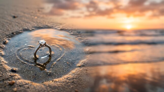 Diamond engagement ring inside a heart shape on beach sand at sunset