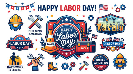 Naklejka premium Happy Labor Day Icon Set & Graphics - USA Celebration, Tools, Builders