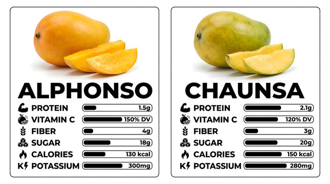 Comparative nutritional profile infographic displaying alphonso and chaunsa mango varieties with detailed health data and fresh fruit slices on white background