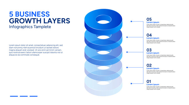 3D Isometric 5 Business Growth Layers Infographic Template with Stacked Blue Rings
