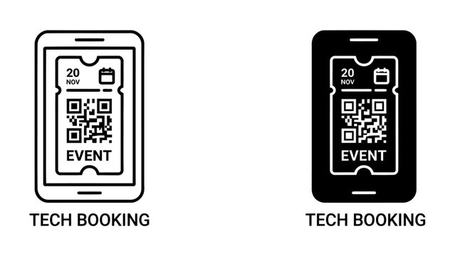 Event Ticket on Phone: Two icons showing a mobile phone with a digital event ticket and a QR code, representing online booking and access for events.