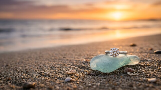Diamond engagement ring on sea glass at sunset beach during proposal