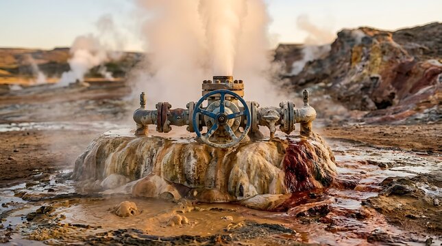 Geothermal power plant steam vent with industrial valve in a volcanic landscape