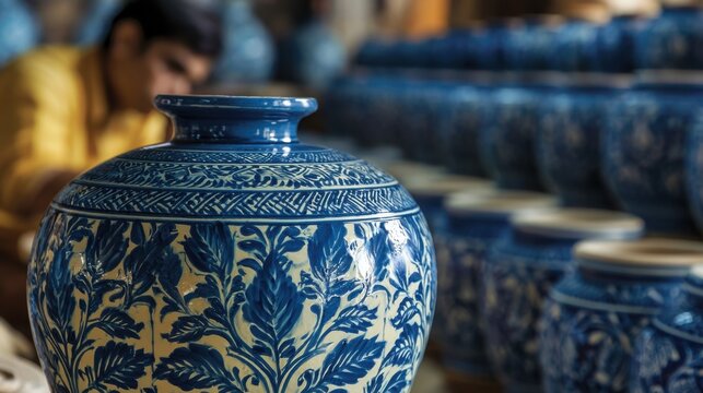 Handcrafted ceramic vase with blue detailed foliage pattern being painted by artisan in workshop with traditional pottery craft and cultural heritage background